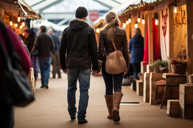 Whimsical Winter Christmas Market Young Couple Cherishes Magical Strolls amidst Festive Delights