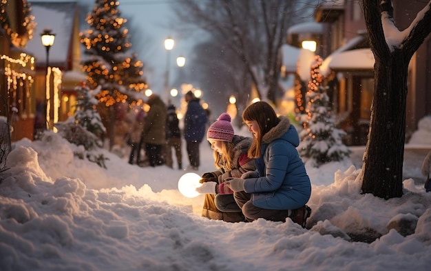 Whimsical Winter Moments Kids Crafting Snowman in a Festive Snowy Town