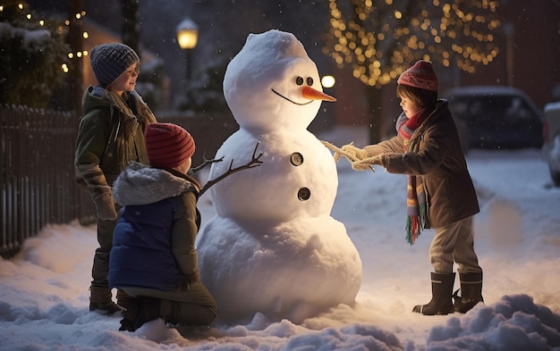 風変わりな冬の瞬間、お祭り気分の雪の街で子供たちが雪だるまを作る