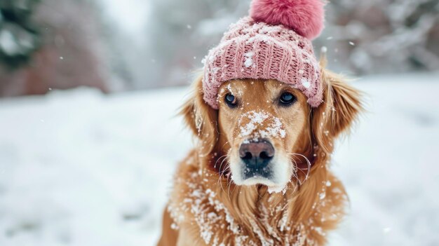 奇妙な冬のワンダーランド 犬のファッショニスタが美しいピンクの帽子で雪を抱きしめる