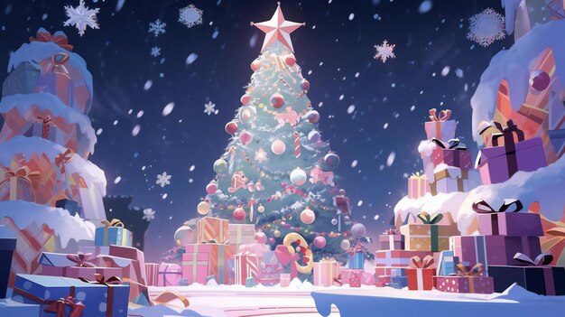 A whimsical winter wonderland of a Christmas tree with a flurry of snowflakes and presents