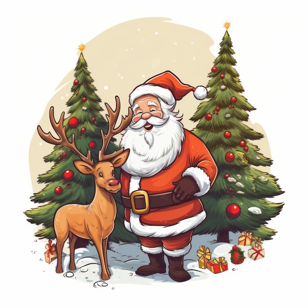 Whimsical Winter Wonderland Smiling Santa and his Reindeer with Christmas Tree Delightful Cartoon