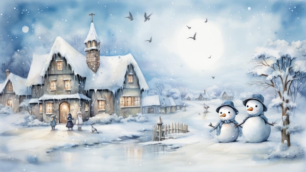 アイススケートの雪だるま、遊び心のあるペンギン、輝くつららがある、風変わりな冬のワンダーランド