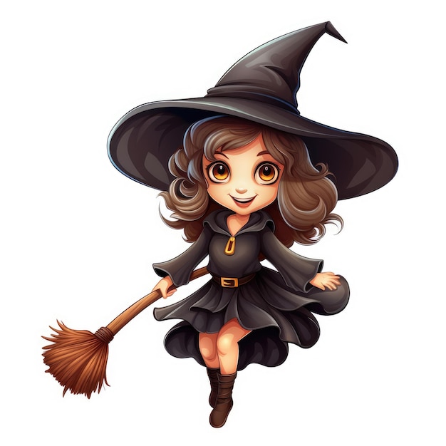 Whimsical Witch A Charming Cartoon Character Soaring on a Broomstick Set Against a White Backgroun