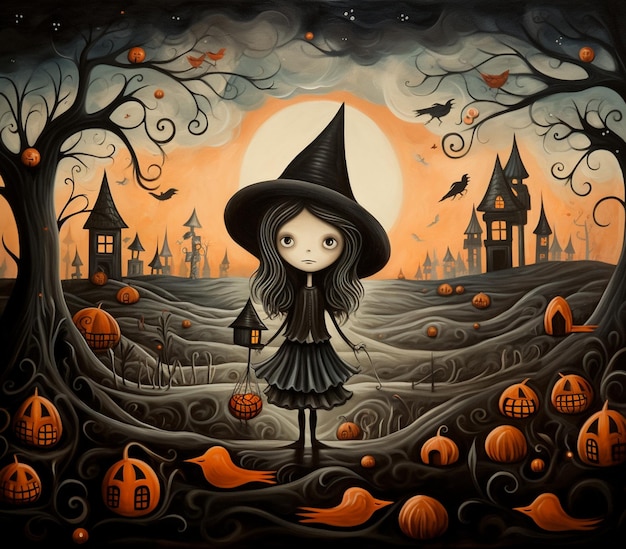 Photo whimsical witches halloween pop surrealism landscape