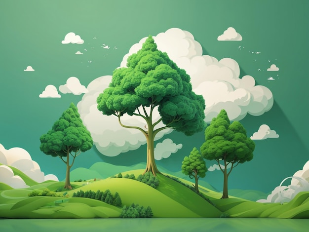 Whimsical wonderland cartoon green trees on the hill 3d rendering