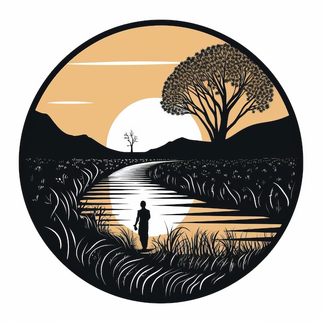 Whimsical Woodcutinspired Landscape Man Walking By River At Sunset