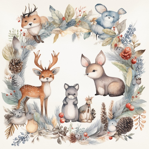 奇妙な森の不思議 手描きのクリスマスと冬の水彩の芸術の祝祭的な品種