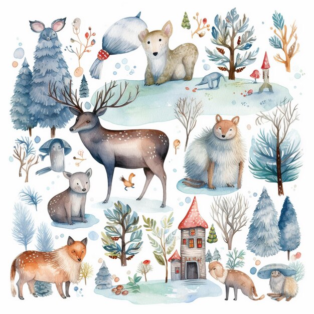 Photo whimsical woodland wonders a festive assortment of handdrawn christmas and winter watercolor art