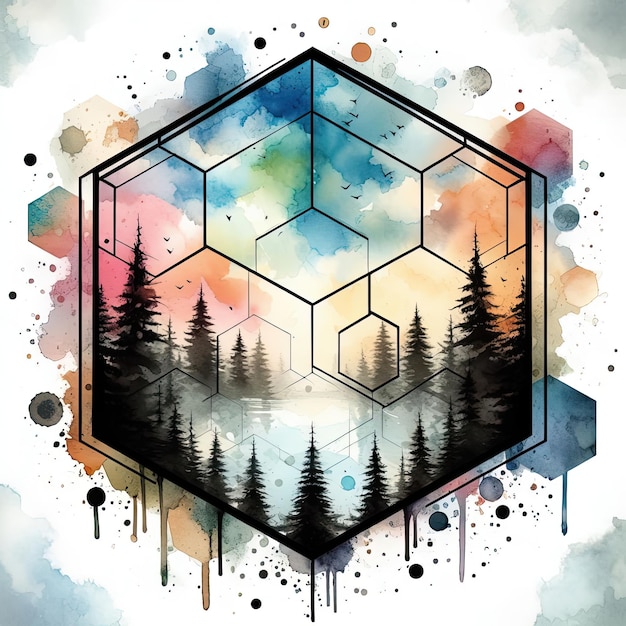 Whimsical Woods Hexagonal Trees in a Watercolor Landscape