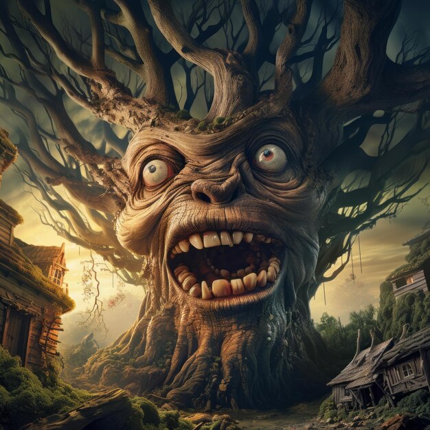 Photo the whimsical world of blurples a caricature cinematic scene inside a hollowedout tree