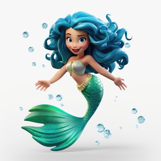 Whimsical World A Mermaid Story in Pixar Style Set Against an Isolated White Background