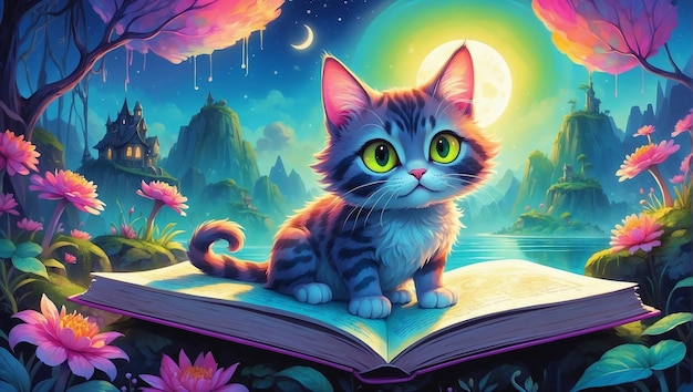 수염의 기묘한 세계 큰 눈의 고양이 장난스러운 여행 책 표지에는 큰 눈이 그려져 있습니다.
