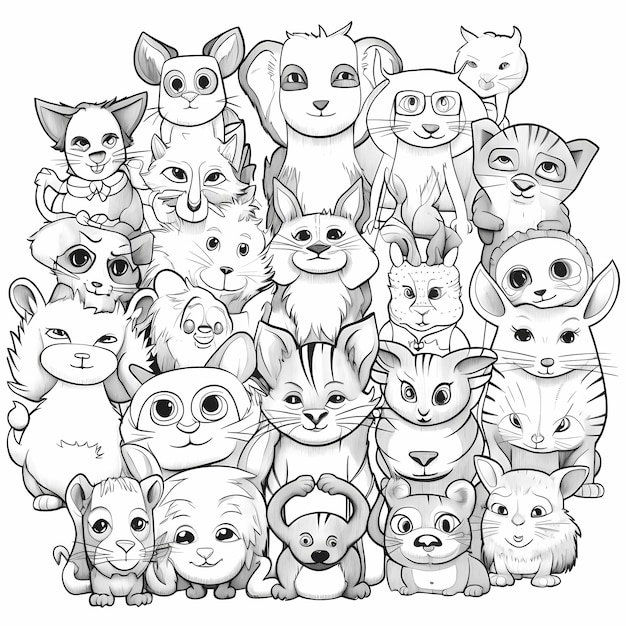 Photo whimsical zoo coloring page cat rabbit monkey pig owl