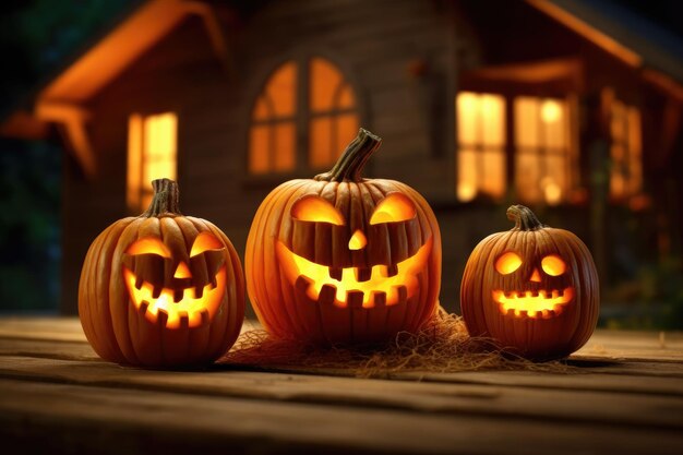 A whimsically staged photo of three carved pumpkins each displaying a different exaggerated facial expression Generative AI