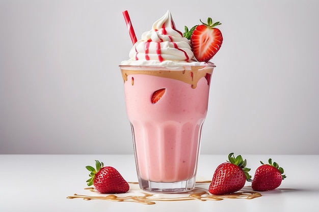 Whip strawberry frappuccino latte milkshake with cream sorbet syrup sherbet isolated on white background