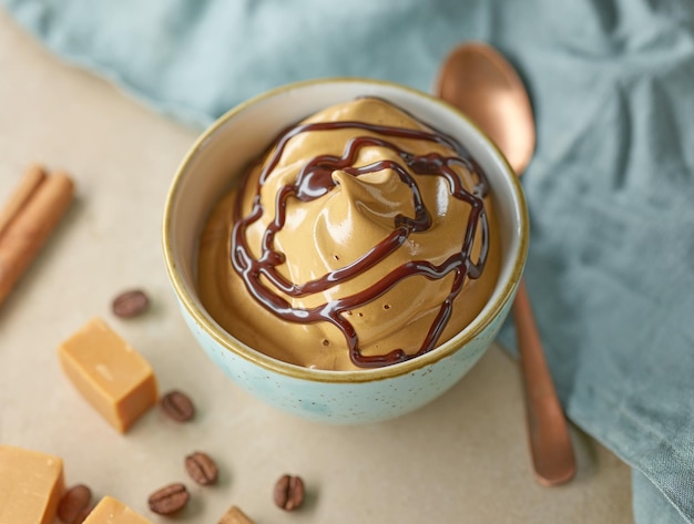 Whipped caramel and coffee mousse dessert