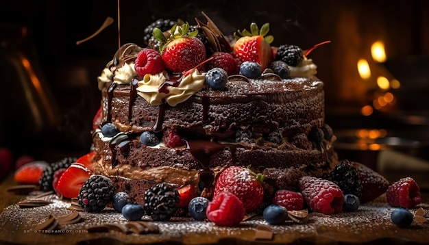 Whipped cream chocolate and berry indulgence on plate generated by AI