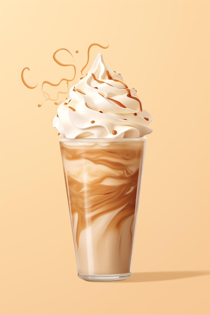 Whipped cream topped iced coffee ad with copy space on beige background