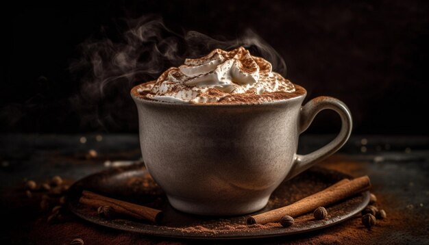 Whipped cream tops hot chocolate on wood generated by AI