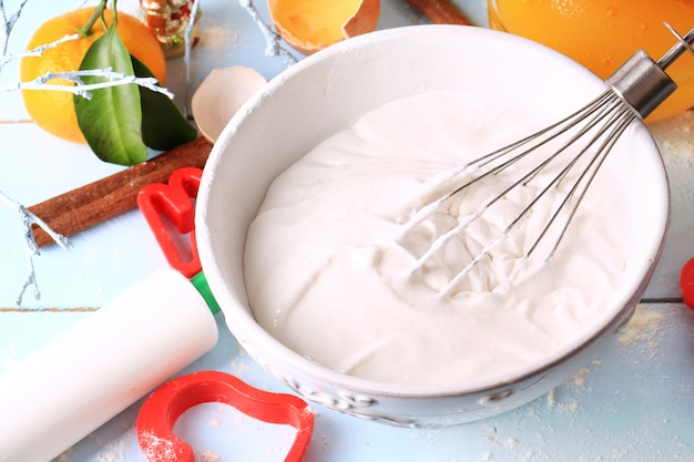 Whipped egg whites and sugar for baking cream topping