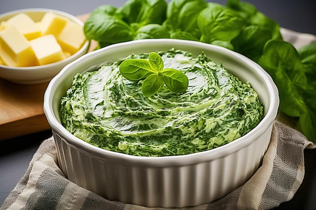 Whipped spinach puree with garlic in a white bowl Generative AI