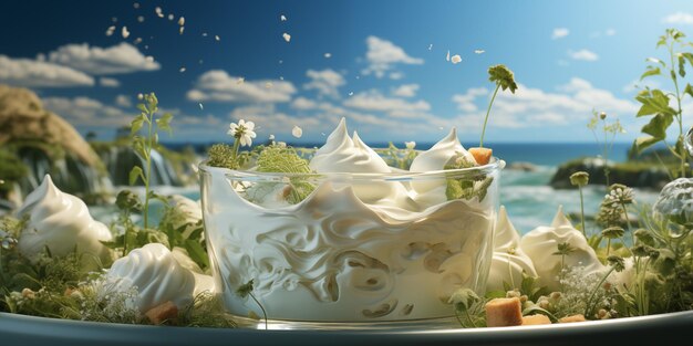 Whipped yogurt cream in a glass bowl on blue background