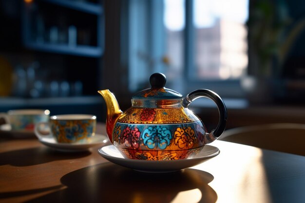 Photo whirling colors in a steeped teapot mid angle shot generative ai