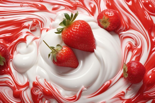 Whirling milk cream with fresh strawberries splashing milk and fruit textures ai generated illustration