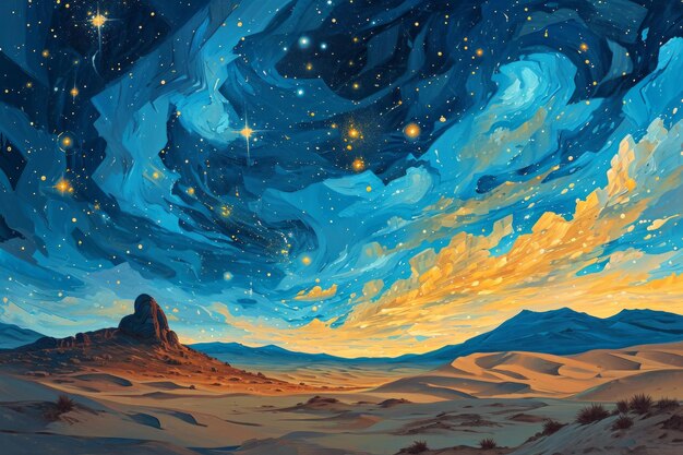 Whirling starry sandstorms painting the desert sky with a mesmerizing celestial dance Generative AI