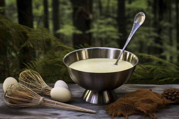 Whisk and bowl with eggnog mix surrounded by nature created with generative ai