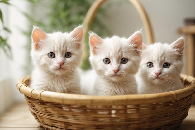 Фото Очаровательные котята и кошки в бамбуковой корзине на чистом белом фоне