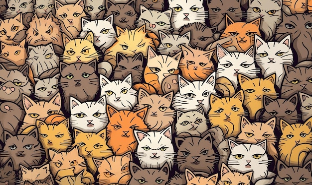Whiskered Crowd Cats in Playful Cluster Illustration