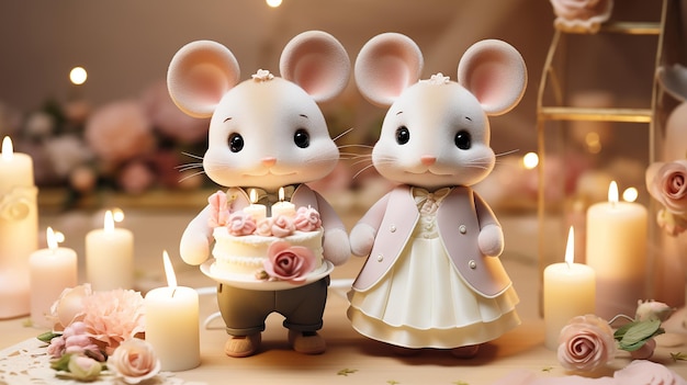 Foto una romantica coppia di topi con baffi in un tema di matrimonio sposato