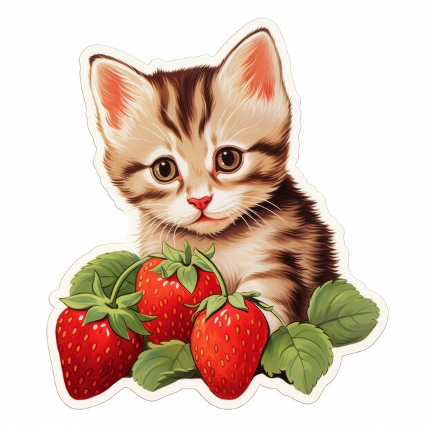 Whiskers Berries Uitstekende gedetailleerde sticker van een schattige kat die geniet van aardbeien op een pure W