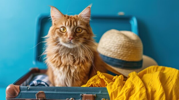  ⁇ 수염 원더러스트 고양이 여행자가  ⁇ 터 모자를 입은 빈티지 수하물에 휴식을 취하고