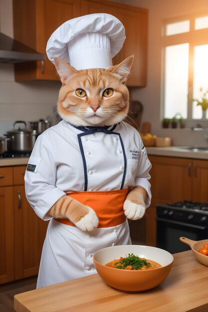 Whiskers whisks culinary capers of a cat chef in the kitchen