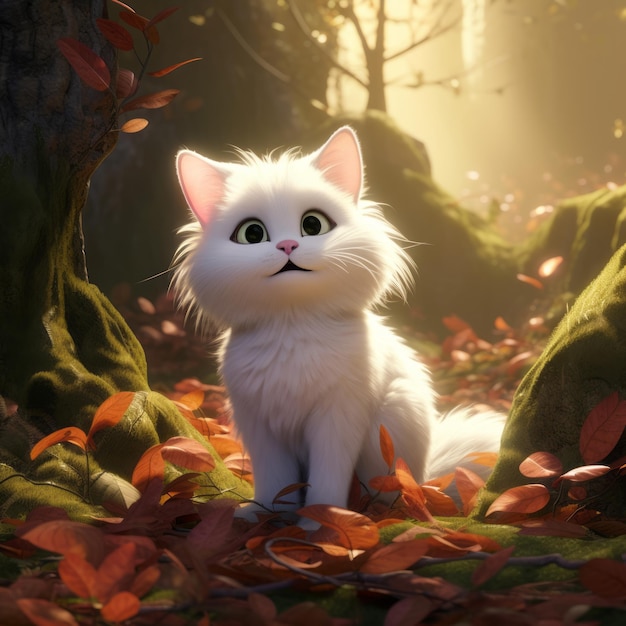 Whiskers and Wonder The Enchanted Journey of a White Cat in Pixar's Forest Adventure