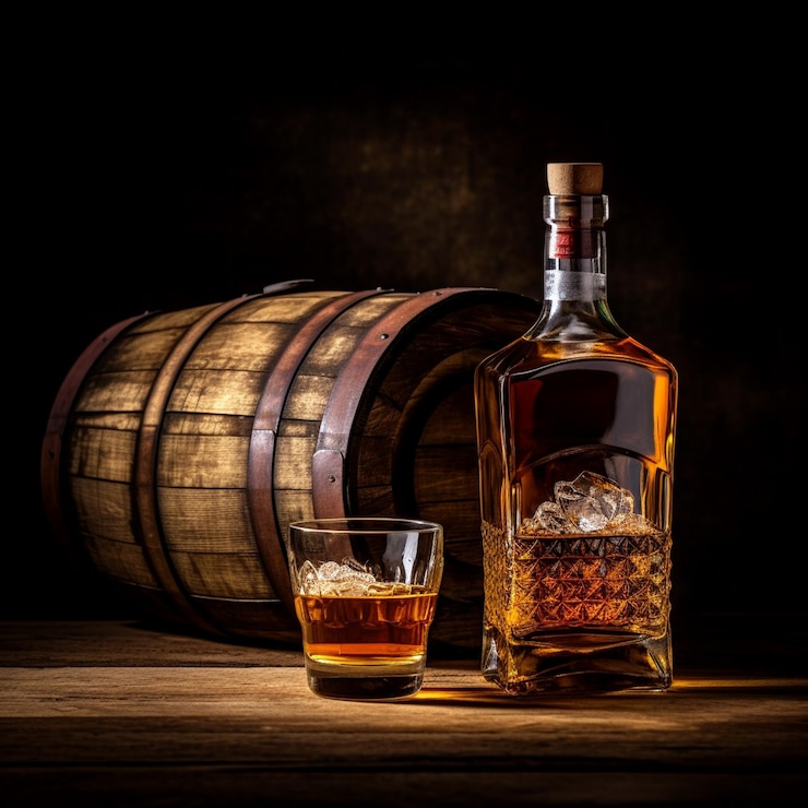Photo whiskey or alcoholic drink with ice on a wooden table