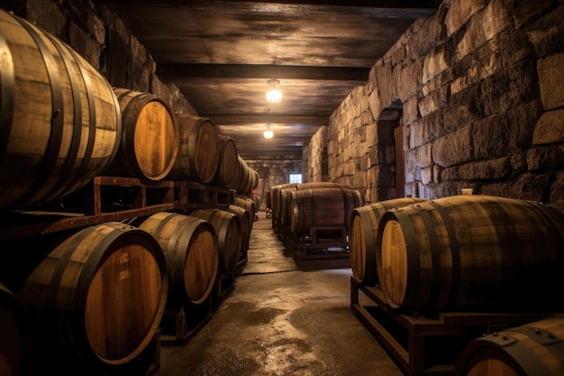 Whiskey barrels aging in a dimly lit cellar created with generative ai