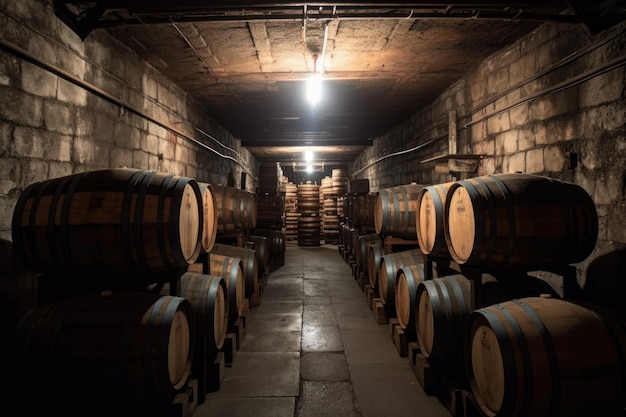 Whiskey barrels in a dimlylit cellar created with generative ai