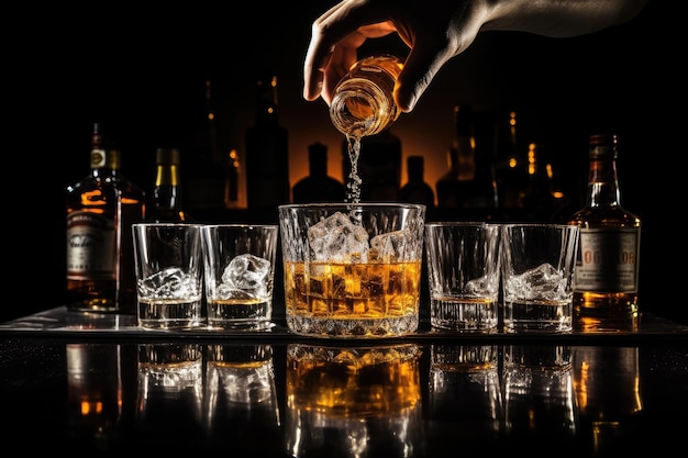 Whiskey being poured by a bartender onto a table with glass and bottles