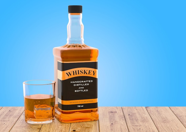 Whiskey bottle and full glass of whiskey on the wooden table 3D rendering