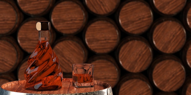 Whiskey Bottle Glass and Old Wooden Oak Barrel 3d Rendering