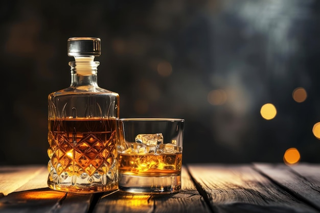 Photo whiskey bottle and glass on a wooden table against a dark background