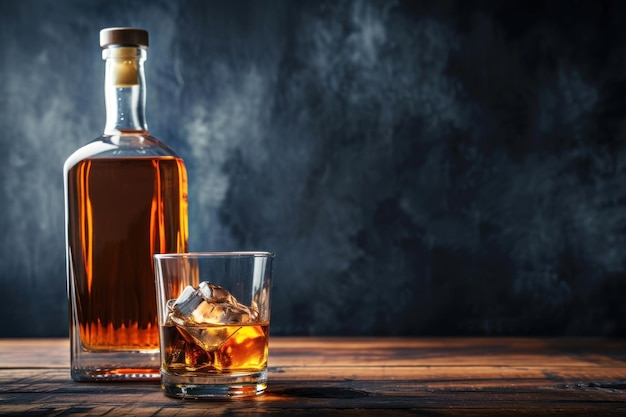 Whiskey bottle and glass on a wooden table against a dark background