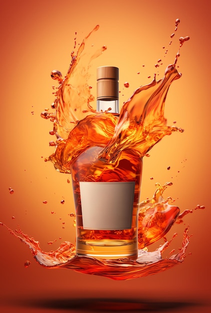 A whiskey bottle with splashing liquid