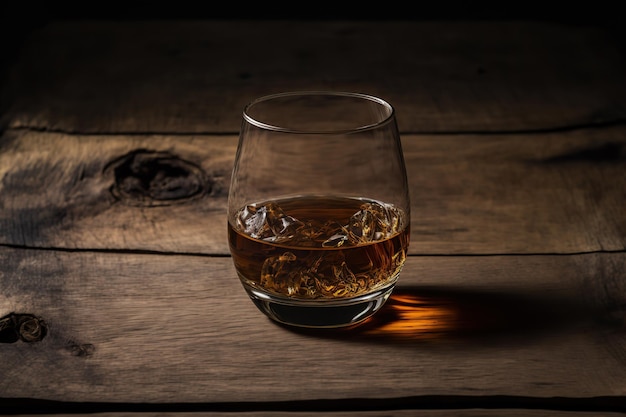 Whiskey bourbon glass on dark woody background close up