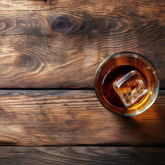 코피 스페이스 (copyspace) 를 가진 목조 바탕에 얼음이 있는 컵에 있는 위스키 부르본 (Whiskey Bourbon in a Glass with Ice)
