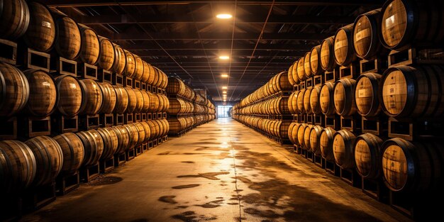 Photo whiskey bourbon scotch barrels in an aging facility